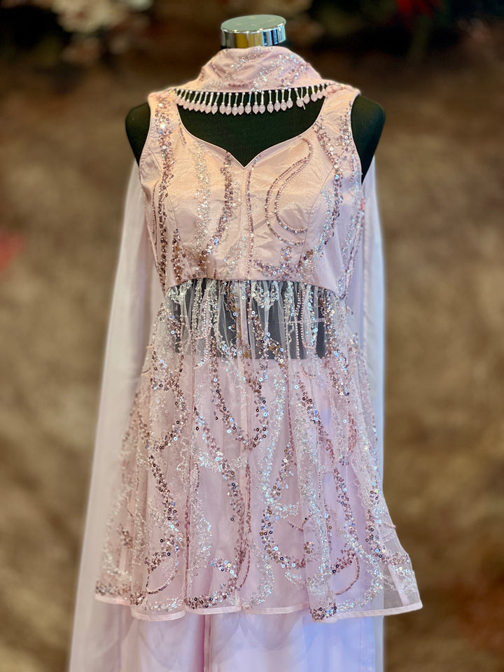 Pastel-Pink Cutdana Embroidered Sharara Set With Choker Dupatta