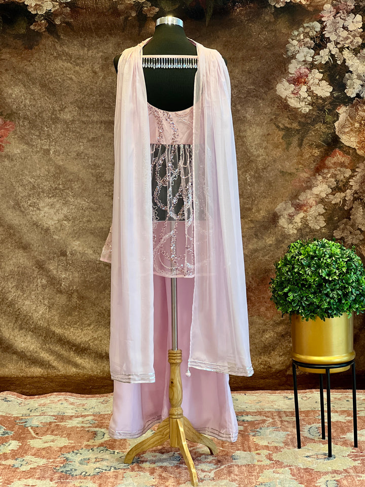 Pastel-Pink Cutdana Embroidered Sharara Set With Choker Dupatta