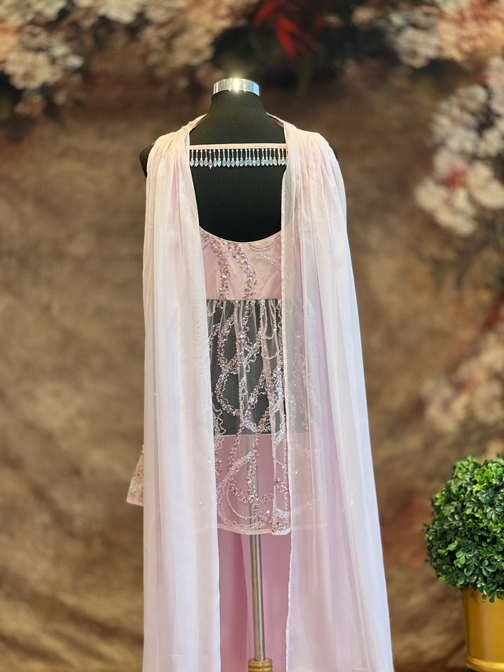 Pastel-Pink Cutdana Embroidered Sharara Set With Choker Dupatta