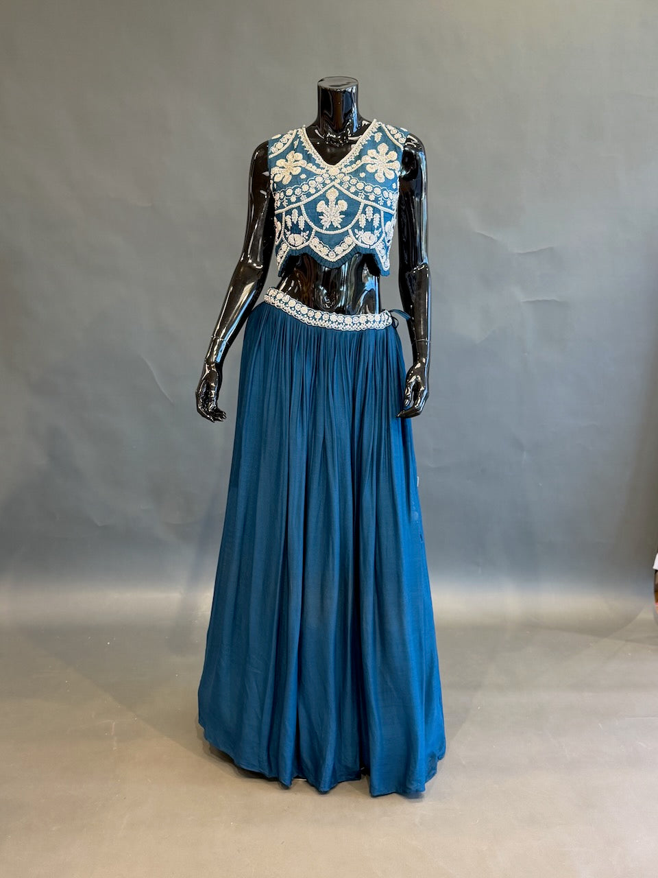 Teal Blue &amp; Ivory Embroidered Lehenga Set