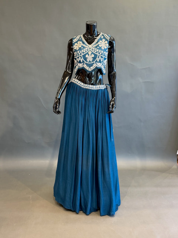 Teal Blue &amp; Ivory Embroidered Lehenga Set