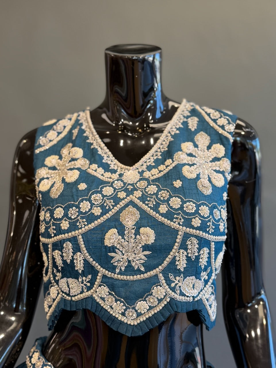 Teal Blue &amp; Ivory Embroidered Lehenga Set