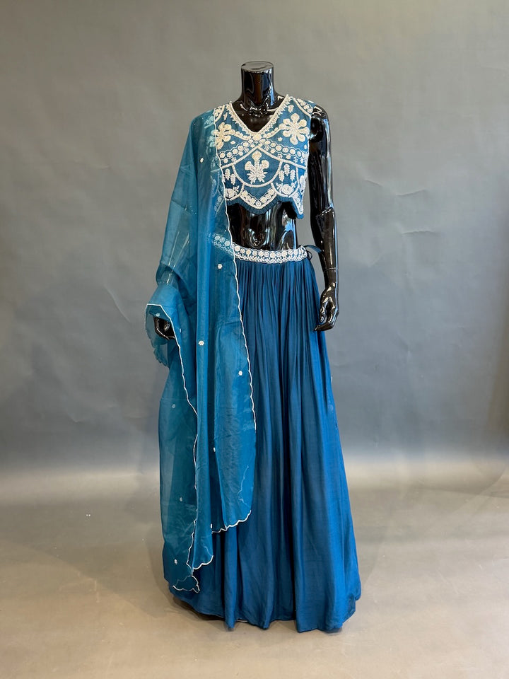 Teal Blue &amp; Ivory Embroidered Lehenga Set