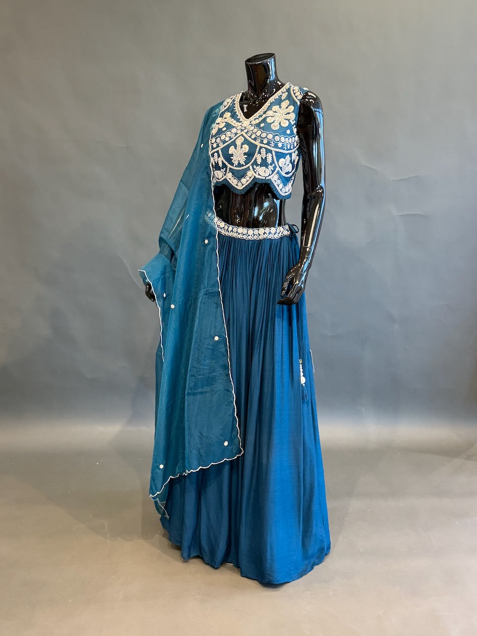 Teal Blue &amp; Ivory Embroidered Lehenga Set