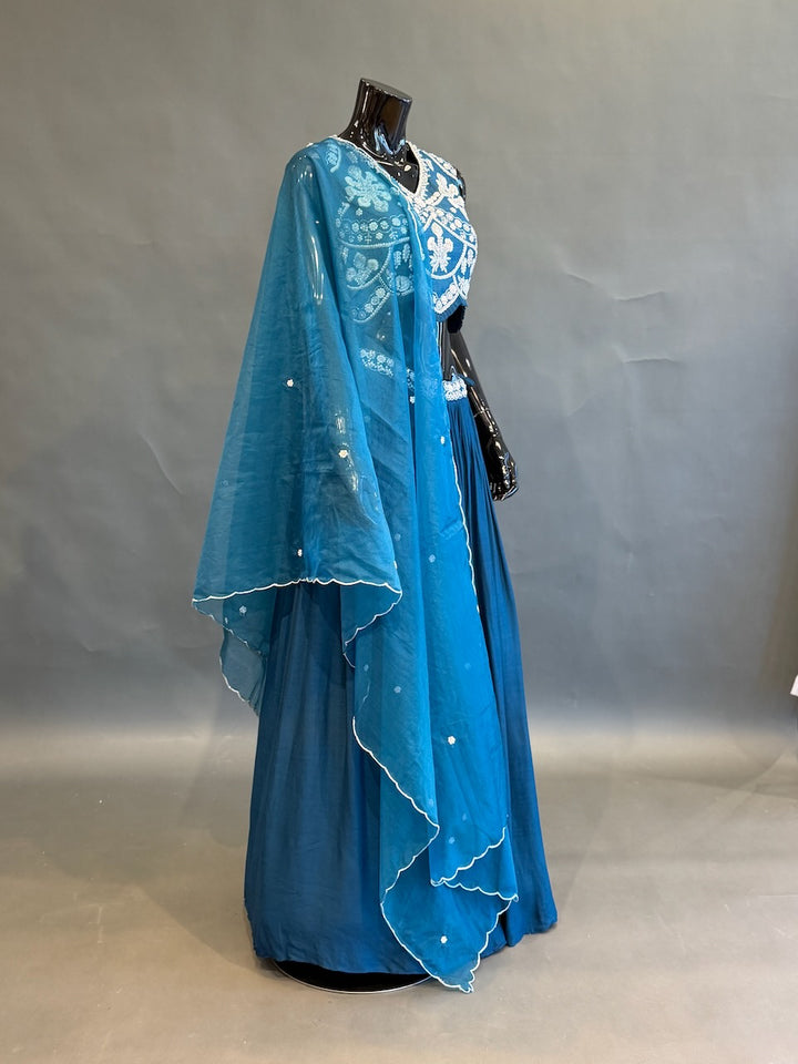 Teal Blue &amp; Ivory Embroidered Lehenga Set