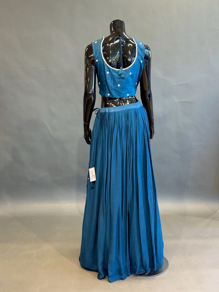 Teal Blue &amp; Ivory Embroidered Lehenga Set