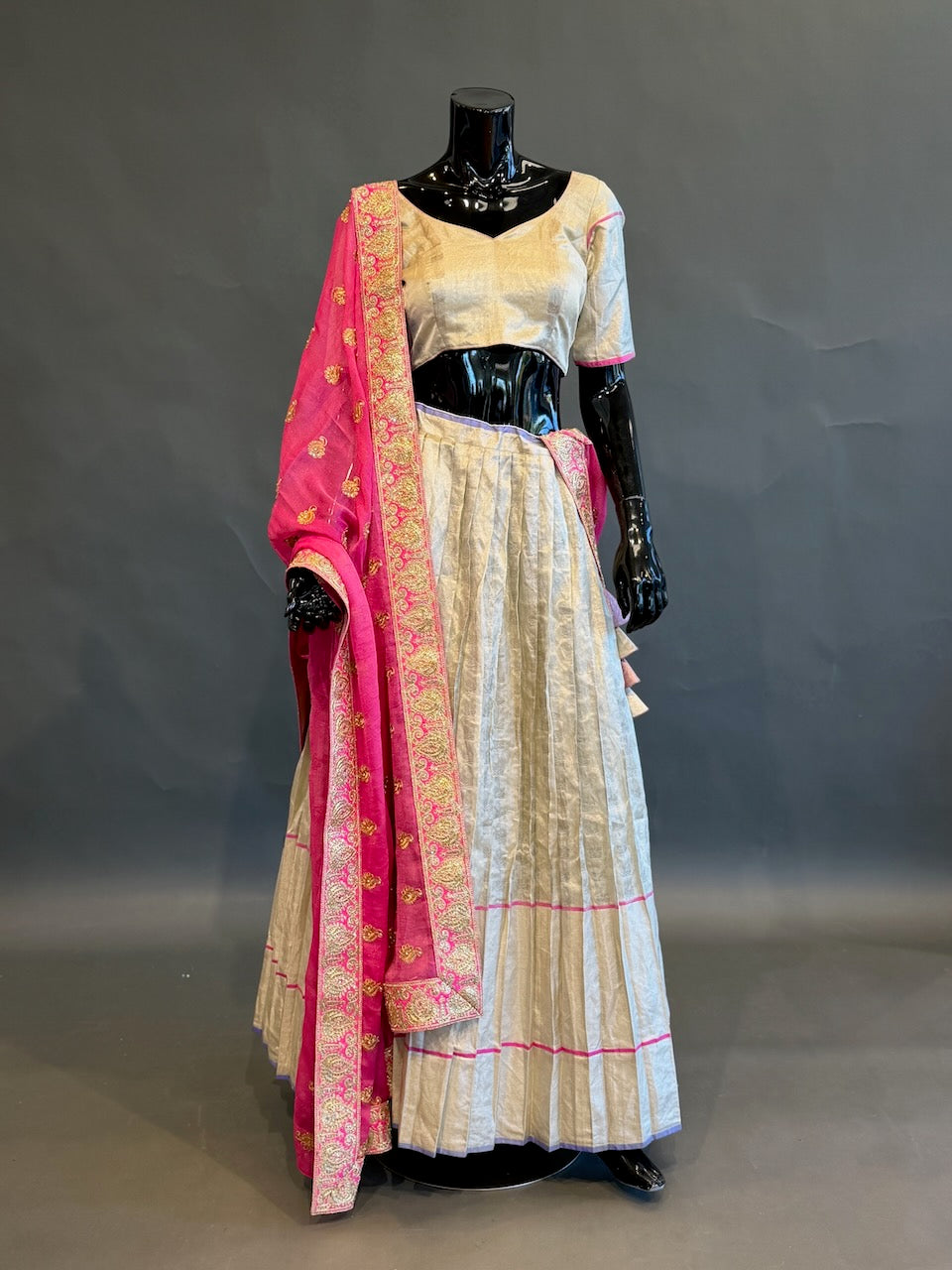 Ivory &amp; Rani Pink Embroidered Half Saree Set