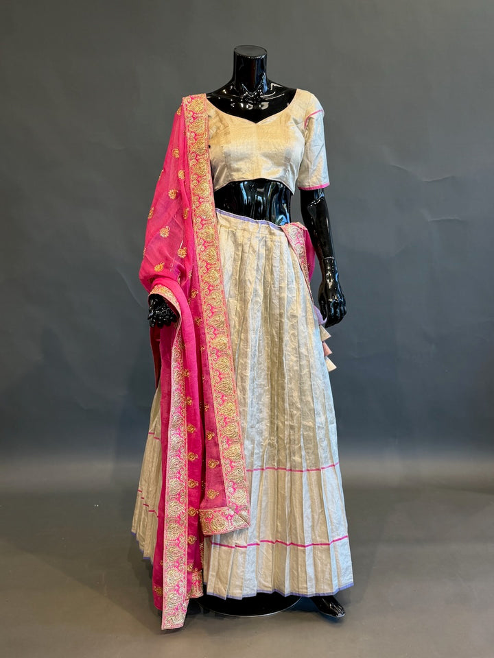 Ivory &amp; Rani Pink Embroidered Half Saree Set