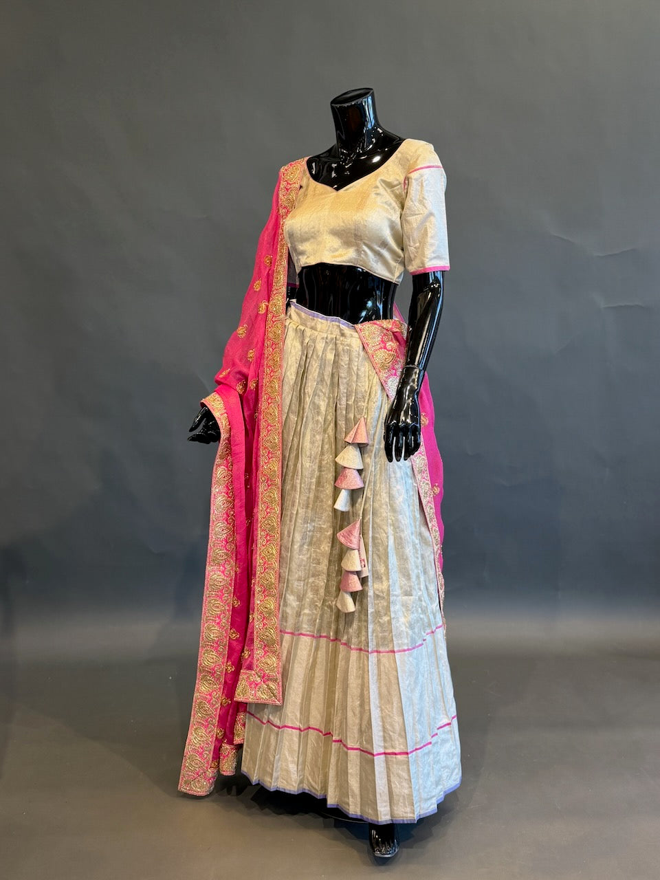 Ivory &amp; Rani Pink Embroidered Half Saree Set