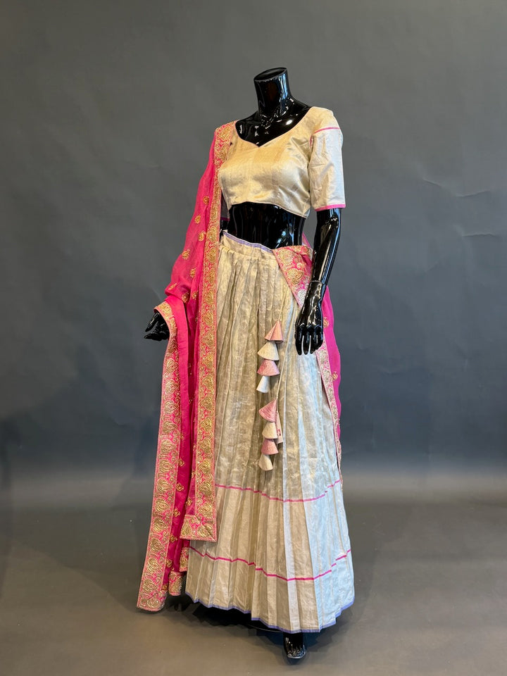 Ivory &amp; Rani Pink Embroidered Half Saree Set
