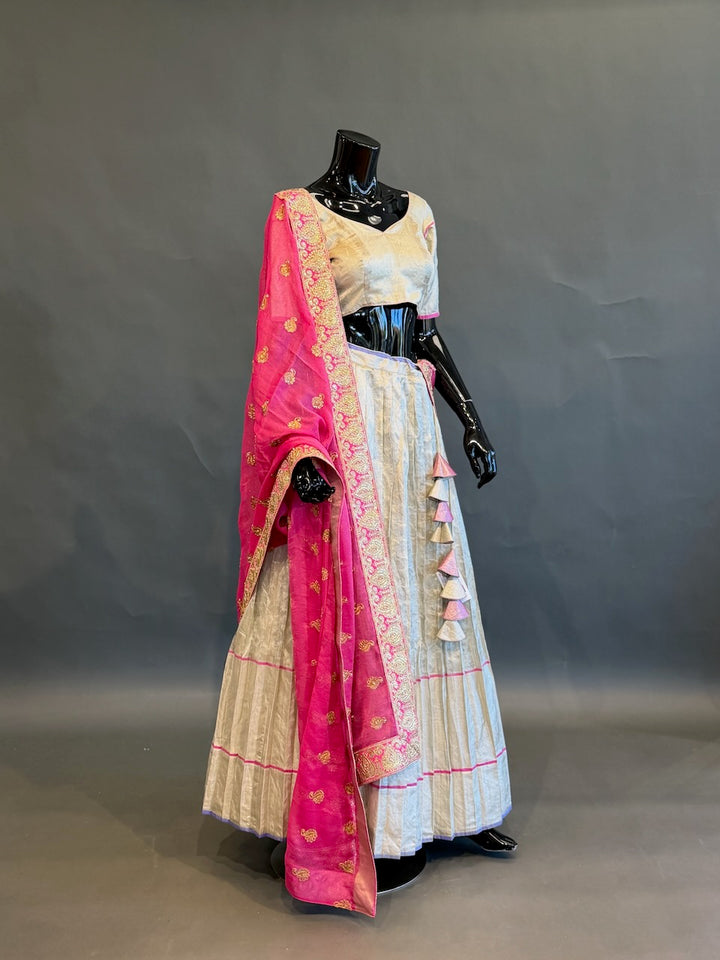 Ivory &amp; Rani Pink Embroidered Half Saree Set
