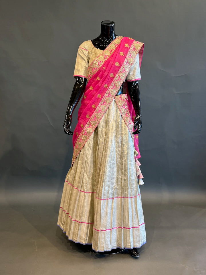 Ivory &amp; Rani Pink Embroidered Half Saree Set