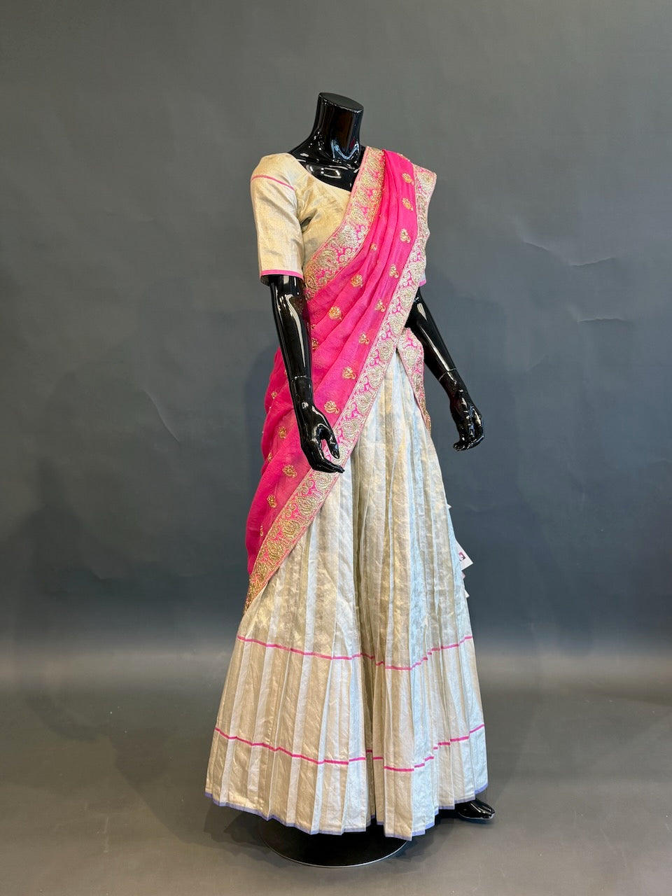 Ivory &amp; Rani Pink Embroidered Half Saree Set