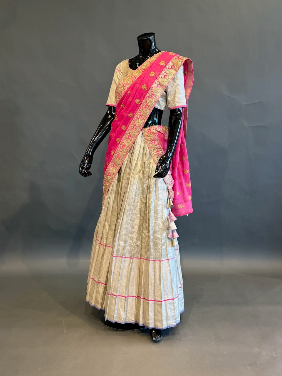 Ivory &amp; Rani Pink Embroidered Half Saree Set