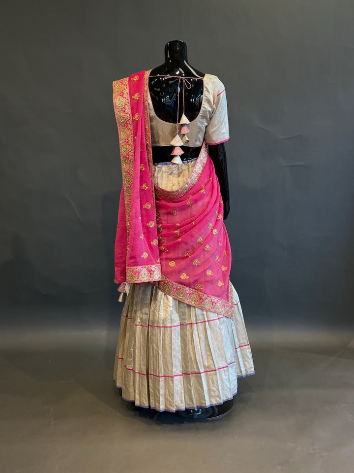 Ivory &amp; Rani Pink Embroidered Half Saree Set