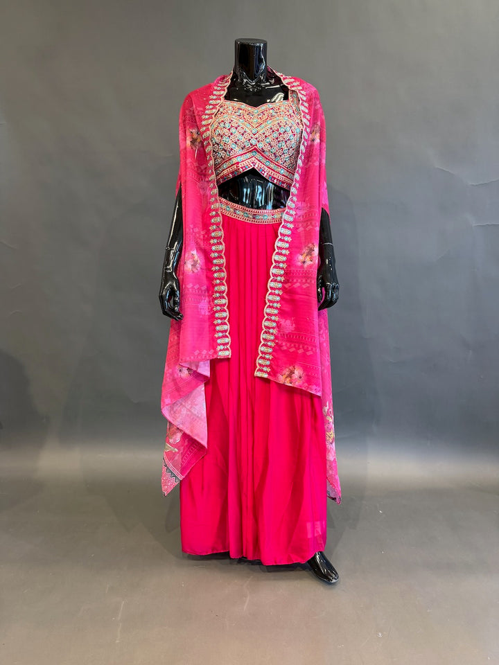 Rani Pink Embroidered Fusion Draped Skirt Set