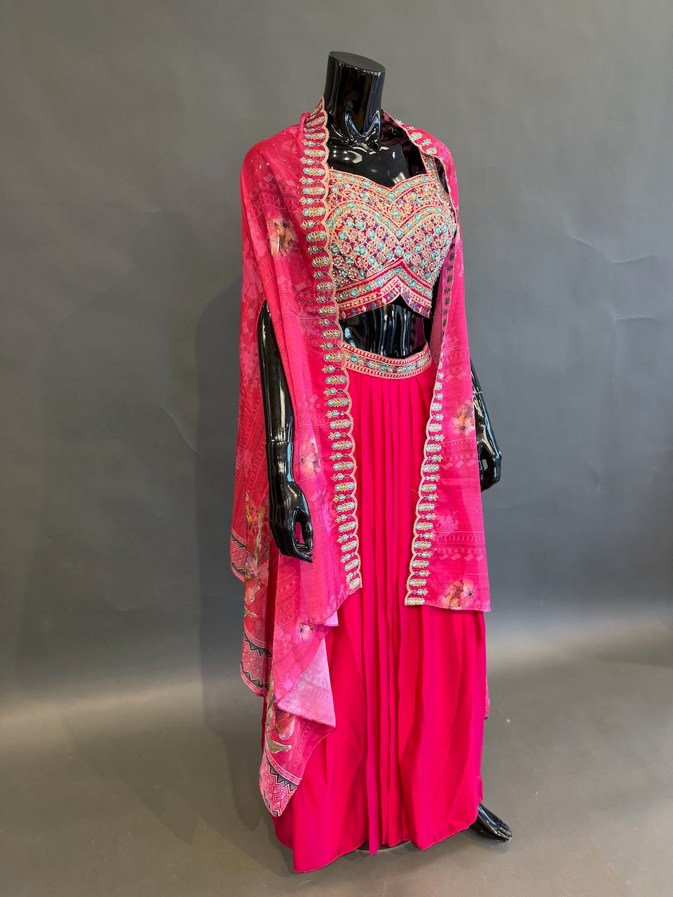 Rani Pink Embroidered Fusion Draped Skirt Set