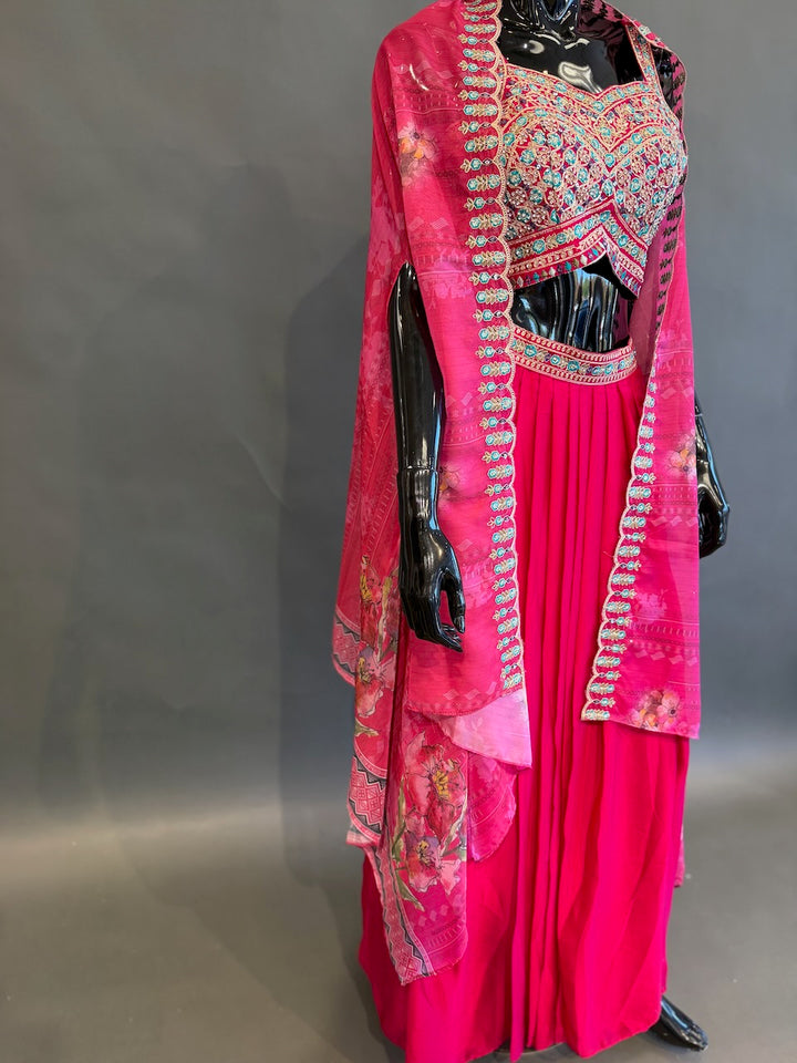Rani Pink Embroidered Fusion Draped Skirt Set