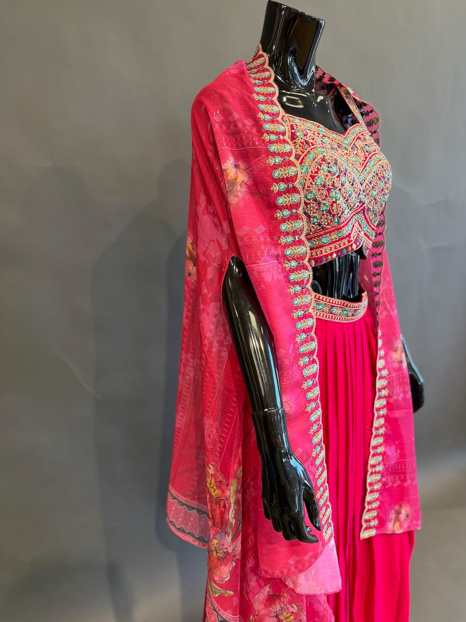 Rani Pink Embroidered Fusion Draped Skirt Set