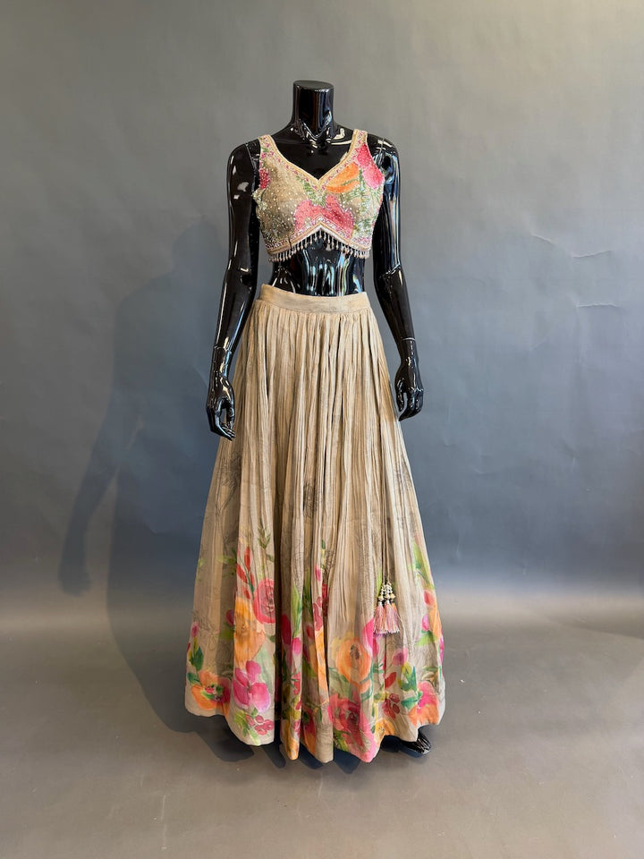 Champagne Beige Floral Embellished Lehenga Set