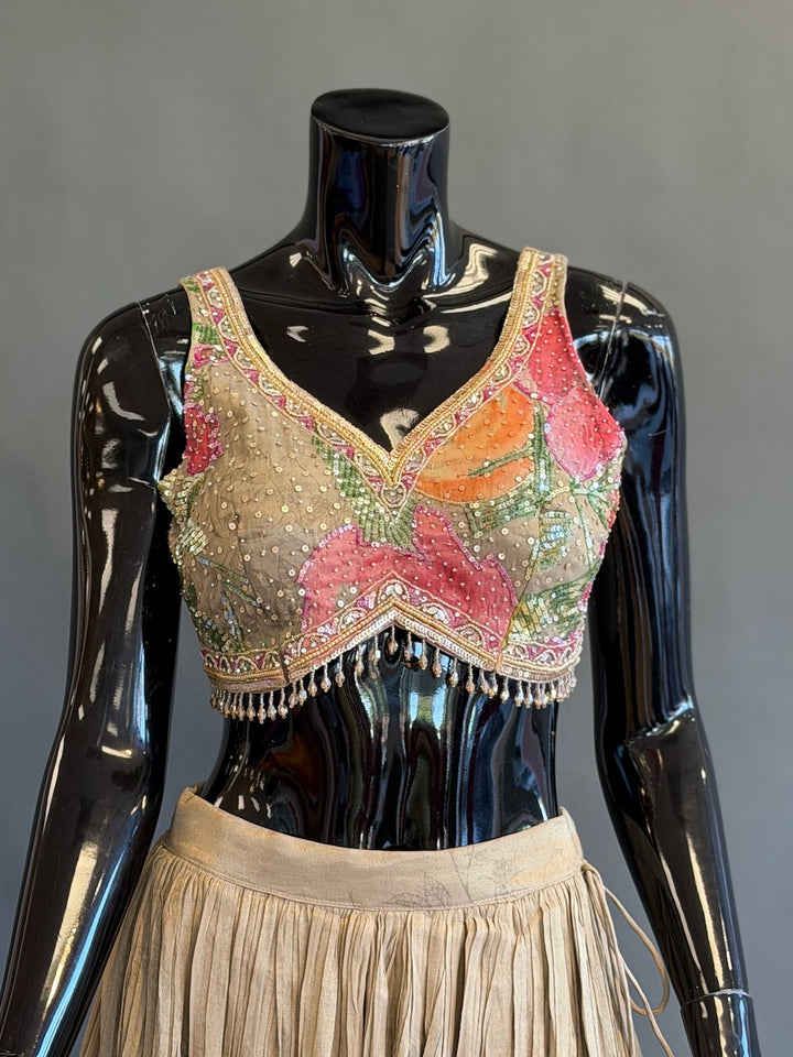 Champagne Beige Floral Embellished Lehenga Set