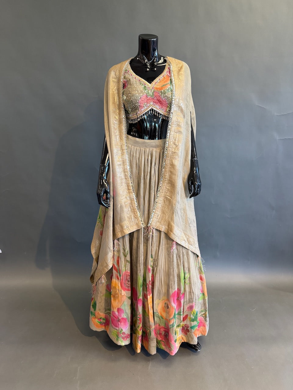 Champagne Beige Floral Embellished Lehenga Set