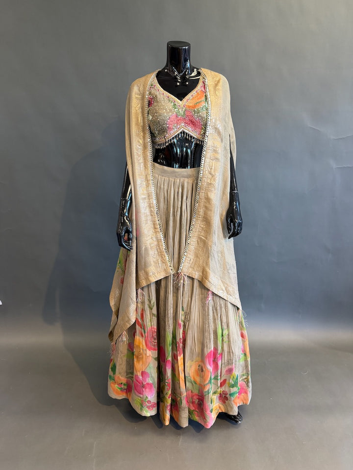 Champagne Beige Floral Embellished Lehenga Set