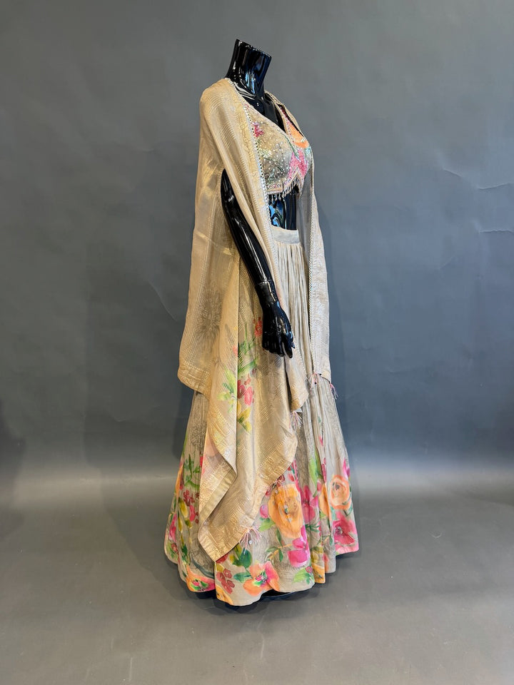 Champagne Beige Floral Embellished Lehenga Set