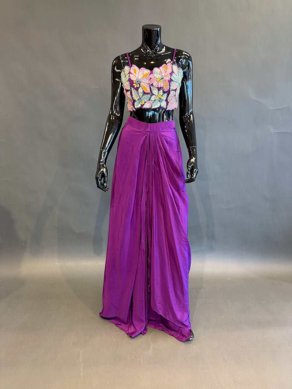 Purple Floral Embellished Fusion Draped Skirt Set