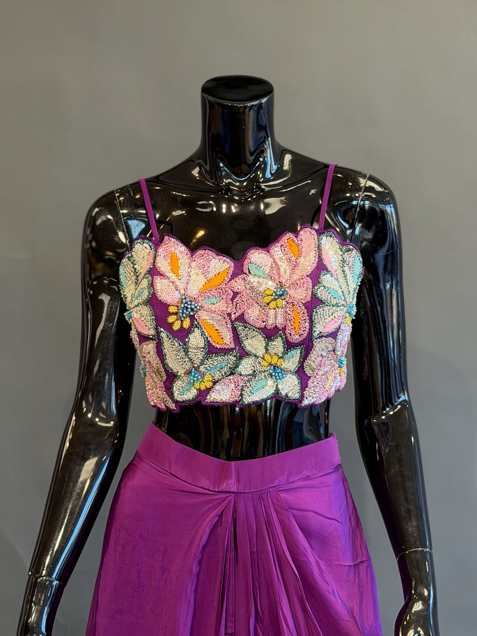 Purple Floral Embellished Fusion Draped Skirt Set