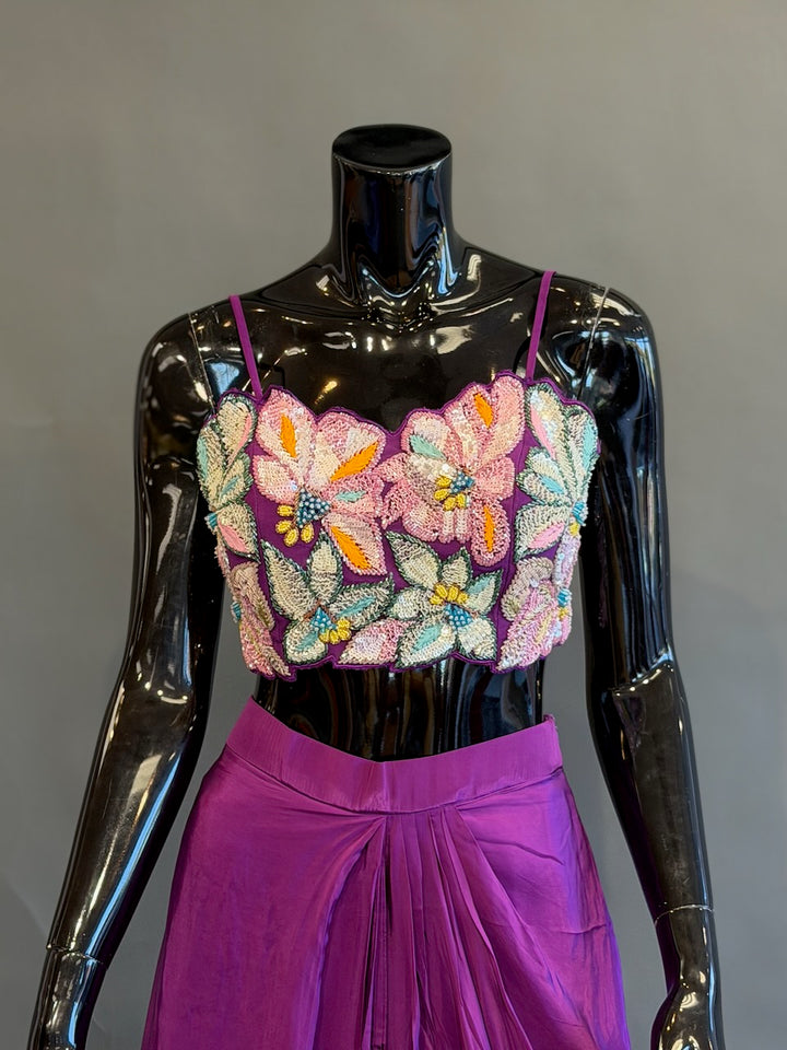 Purple Floral Embellished Fusion Draped Skirt Set