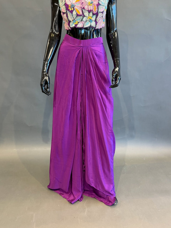 Purple Floral Embellished Fusion Draped Skirt Set