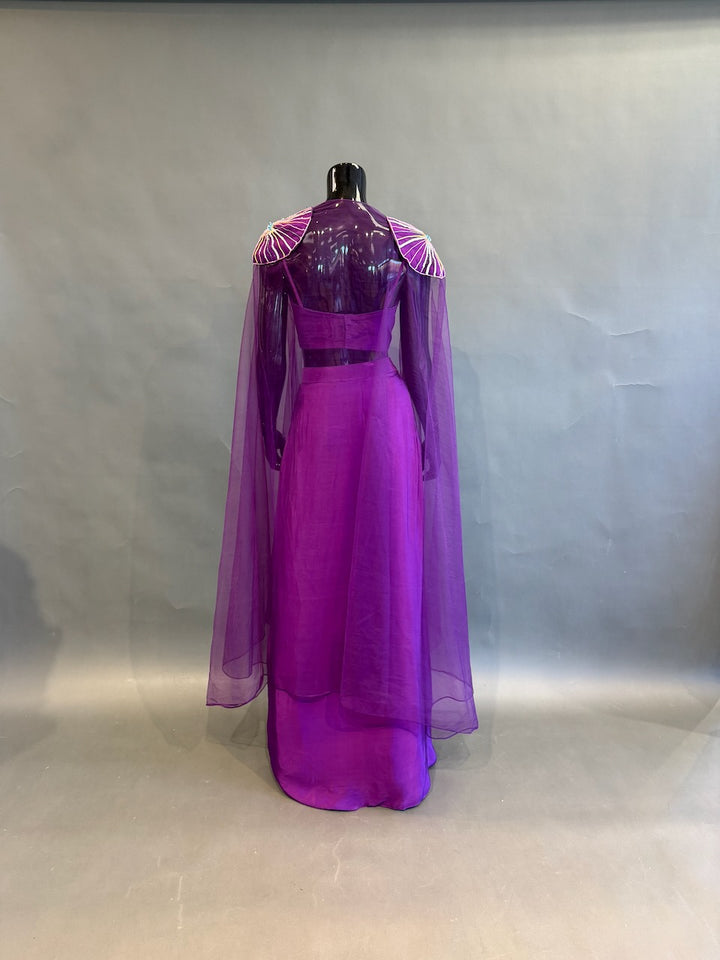 Purple Floral Embellished Fusion Draped Skirt Set