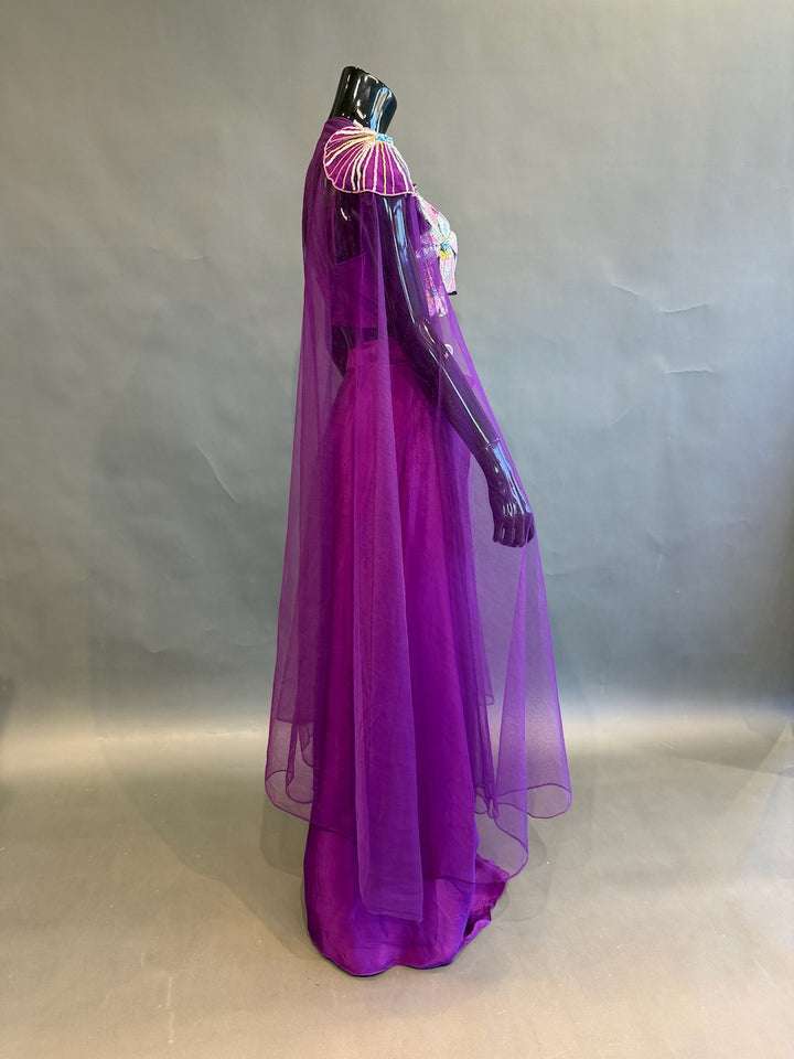 Purple Floral Embellished Fusion Draped Skirt Set