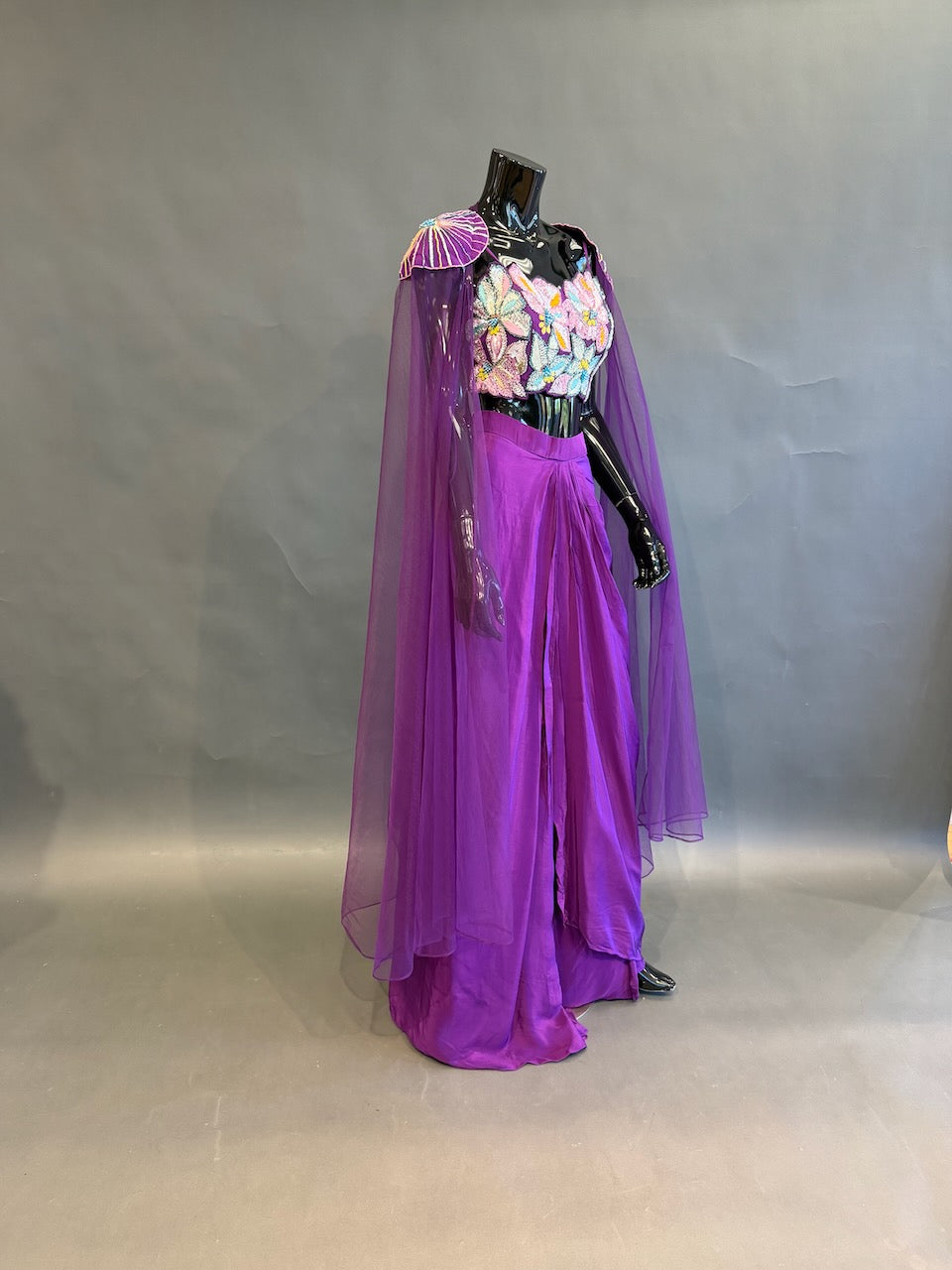 Purple Floral Embellished Fusion Draped Skirt Set