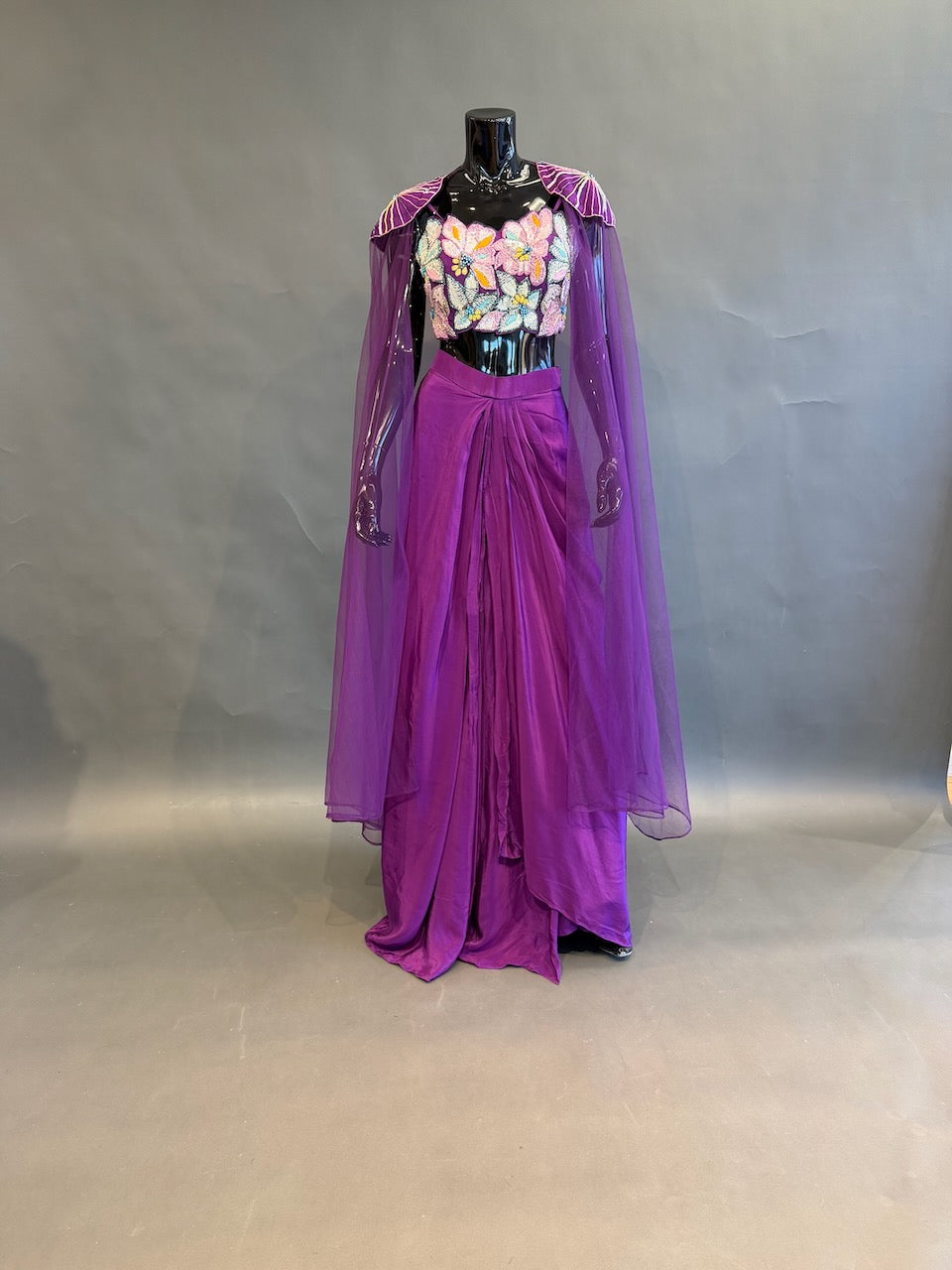 Purple Floral Embellished Fusion Draped Skirt Set