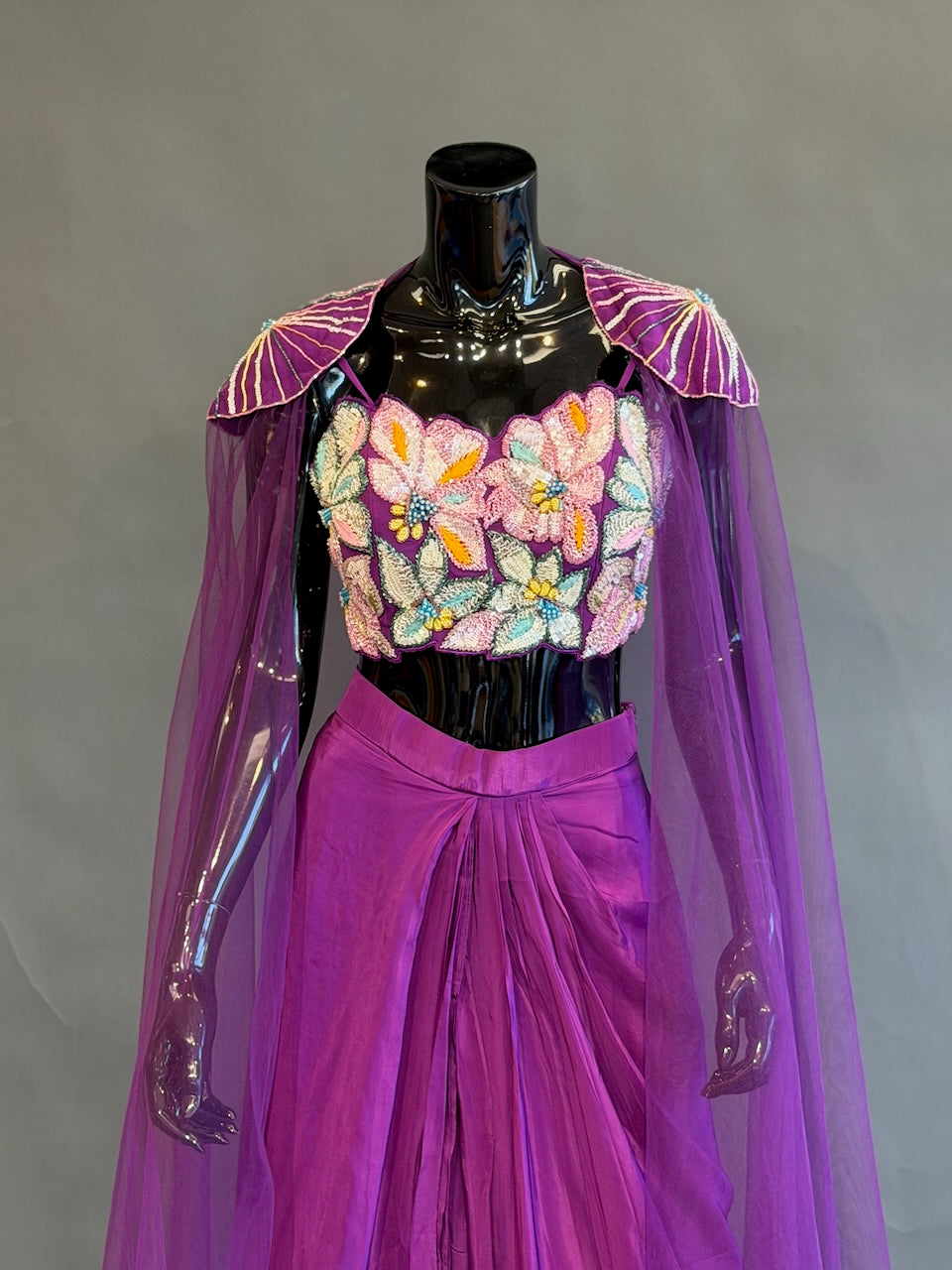 Purple Floral Embellished Fusion Draped Skirt Set