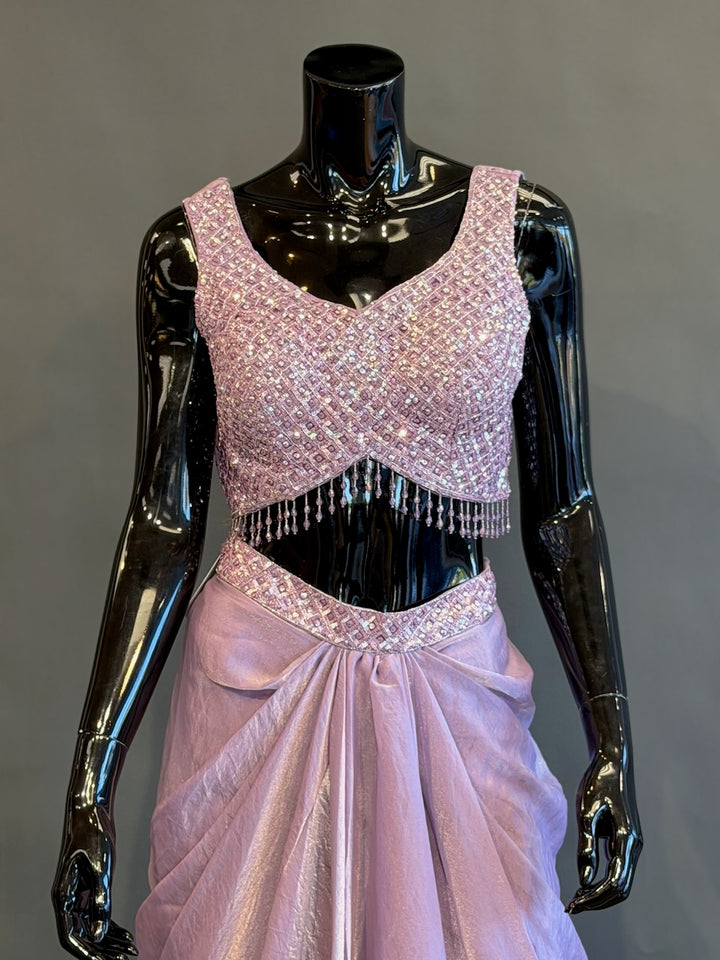 Lavender Embellished Fusion Draped Skirt Set