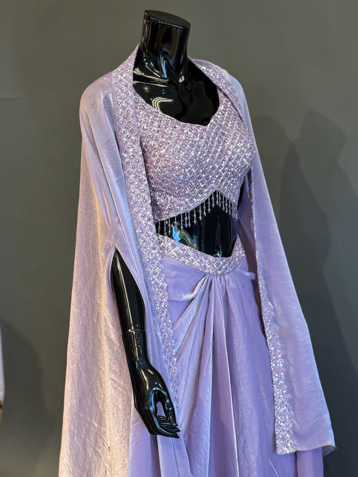 Lavender Embellished Fusion Draped Skirt Set