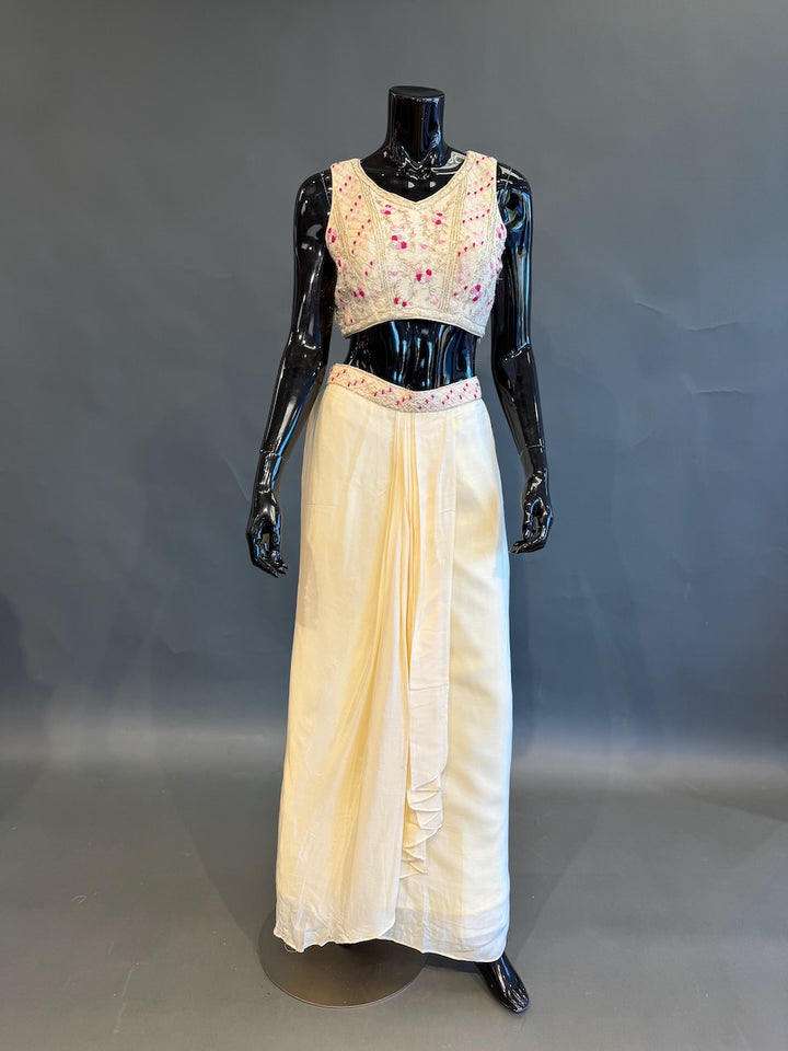 Ivory and Rani Pink Bandhej Cape Embroidered Fusion Draped Skirt Set