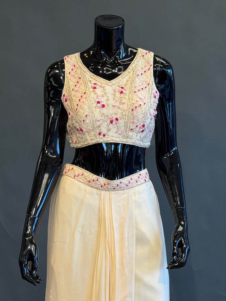 Ivory and Rani Pink Bandhej Cape Embroidered Fusion Draped Skirt Set