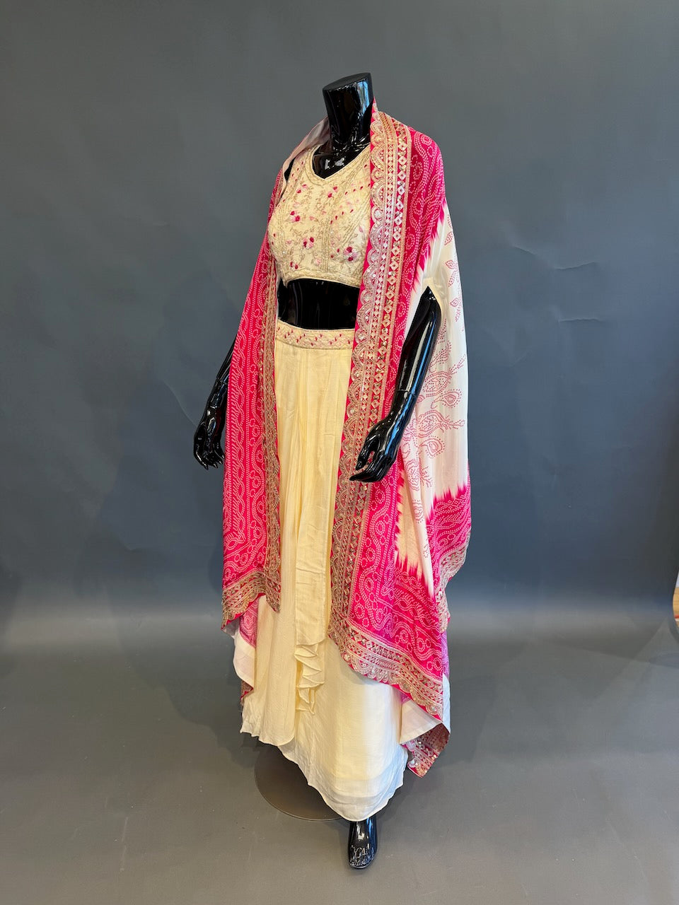 Ivory and Rani Pink Bandhej Cape Embroidered Fusion Draped Skirt Set