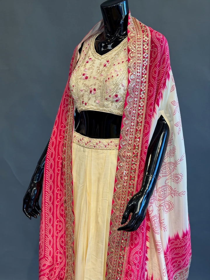Ivory and Rani Pink Bandhej Cape Embroidered Fusion Draped Skirt Set