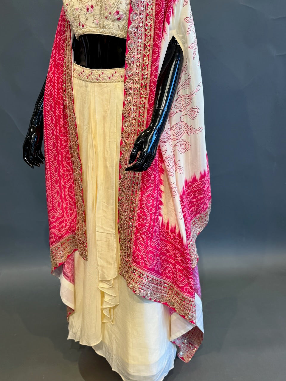 Ivory and Rani Pink Bandhej Cape Embroidered Fusion Draped Skirt Set