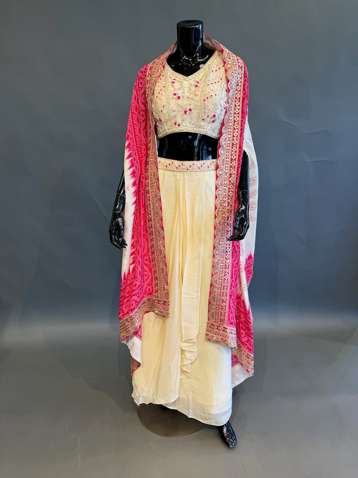 Ivory and Rani Pink Bandhej Cape Embroidered Fusion Draped Skirt Set