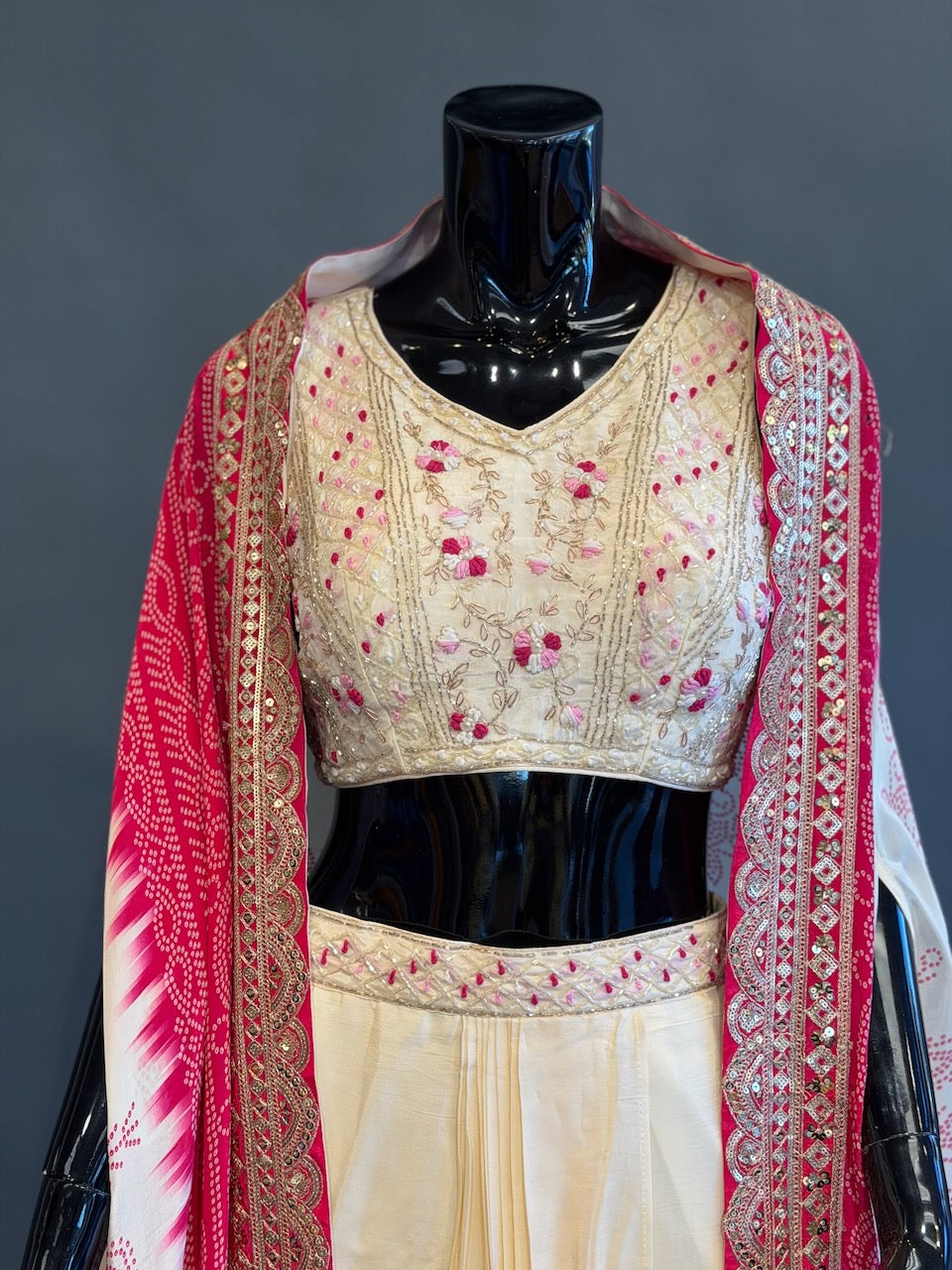 Ivory and Rani Pink Bandhej Cape Embroidered Fusion Draped Skirt Set