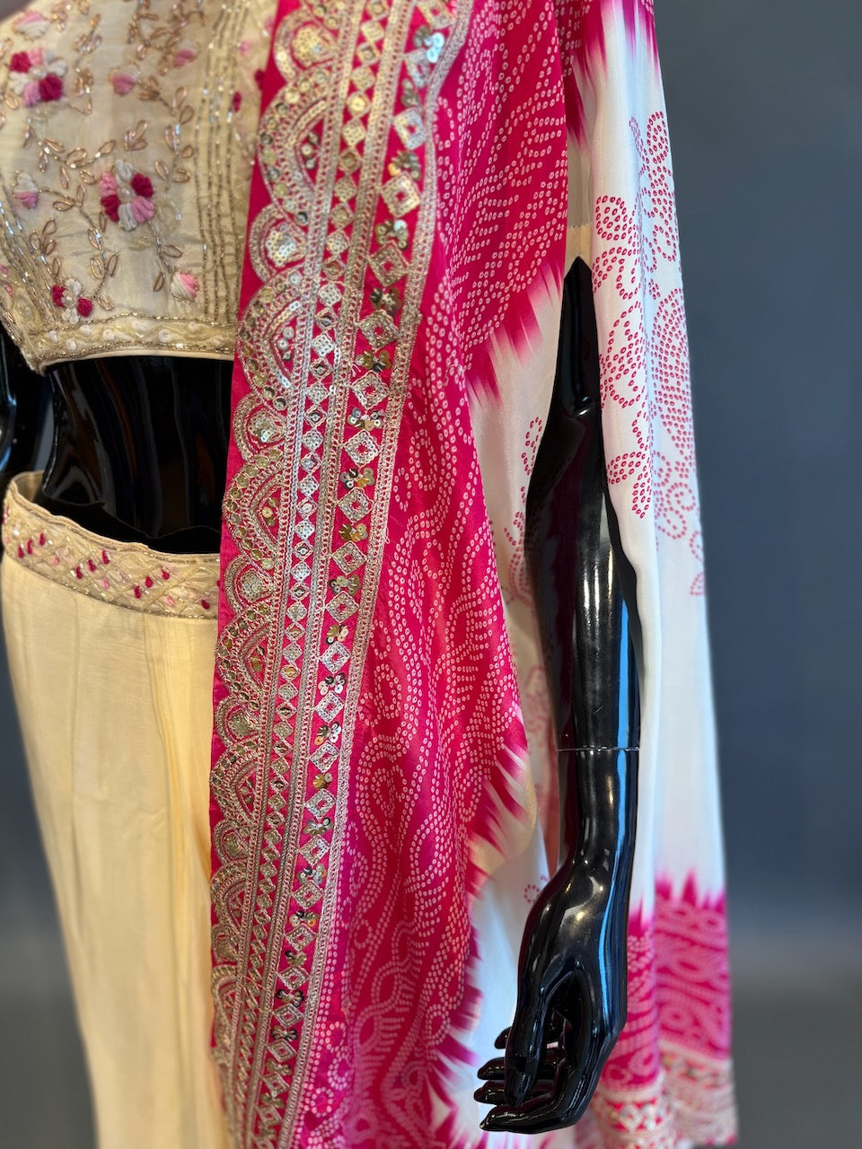 Ivory and Rani Pink Bandhej Cape Embroidered Fusion Draped Skirt Set