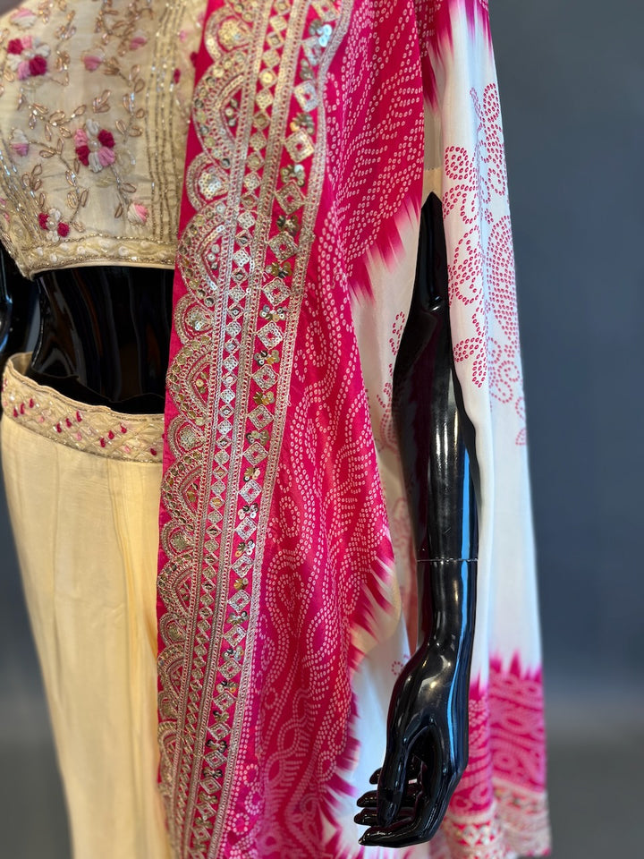 Ivory and Rani Pink Bandhej Cape Embroidered Fusion Draped Skirt Set