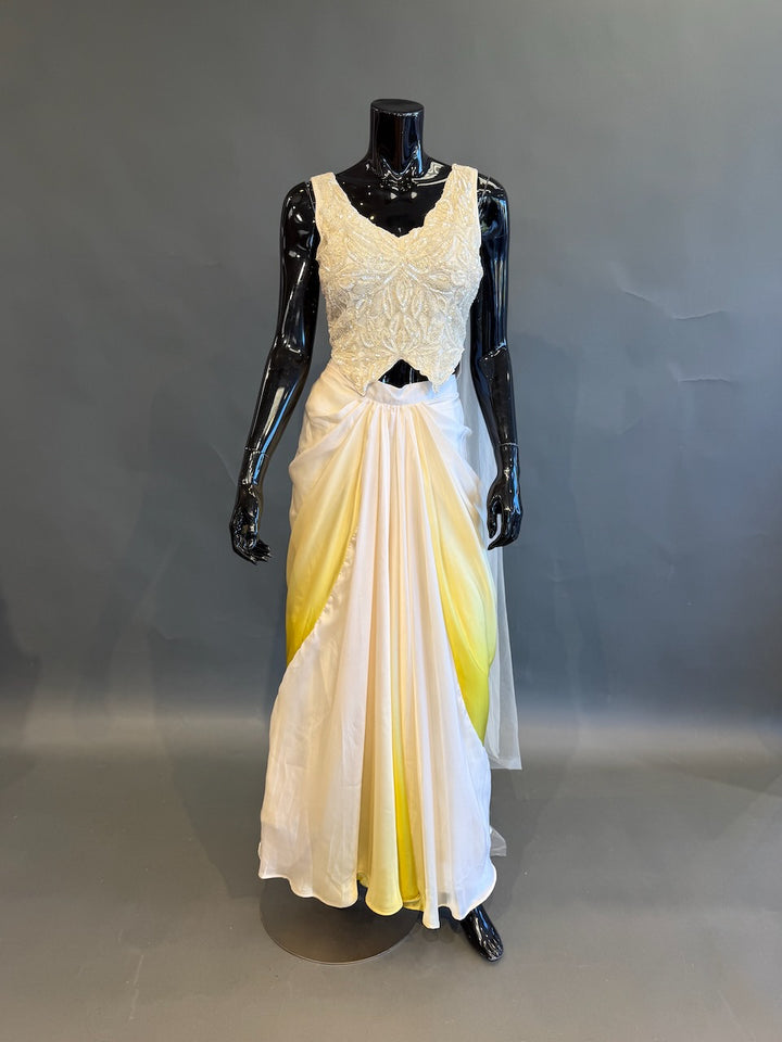 Ivory &amp; Lime Ombre Embellished Fusion Draped Skirt Set