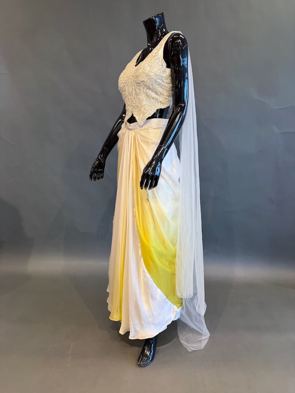 Ivory &amp; Lime Ombre Embellished Fusion Draped Skirt Set